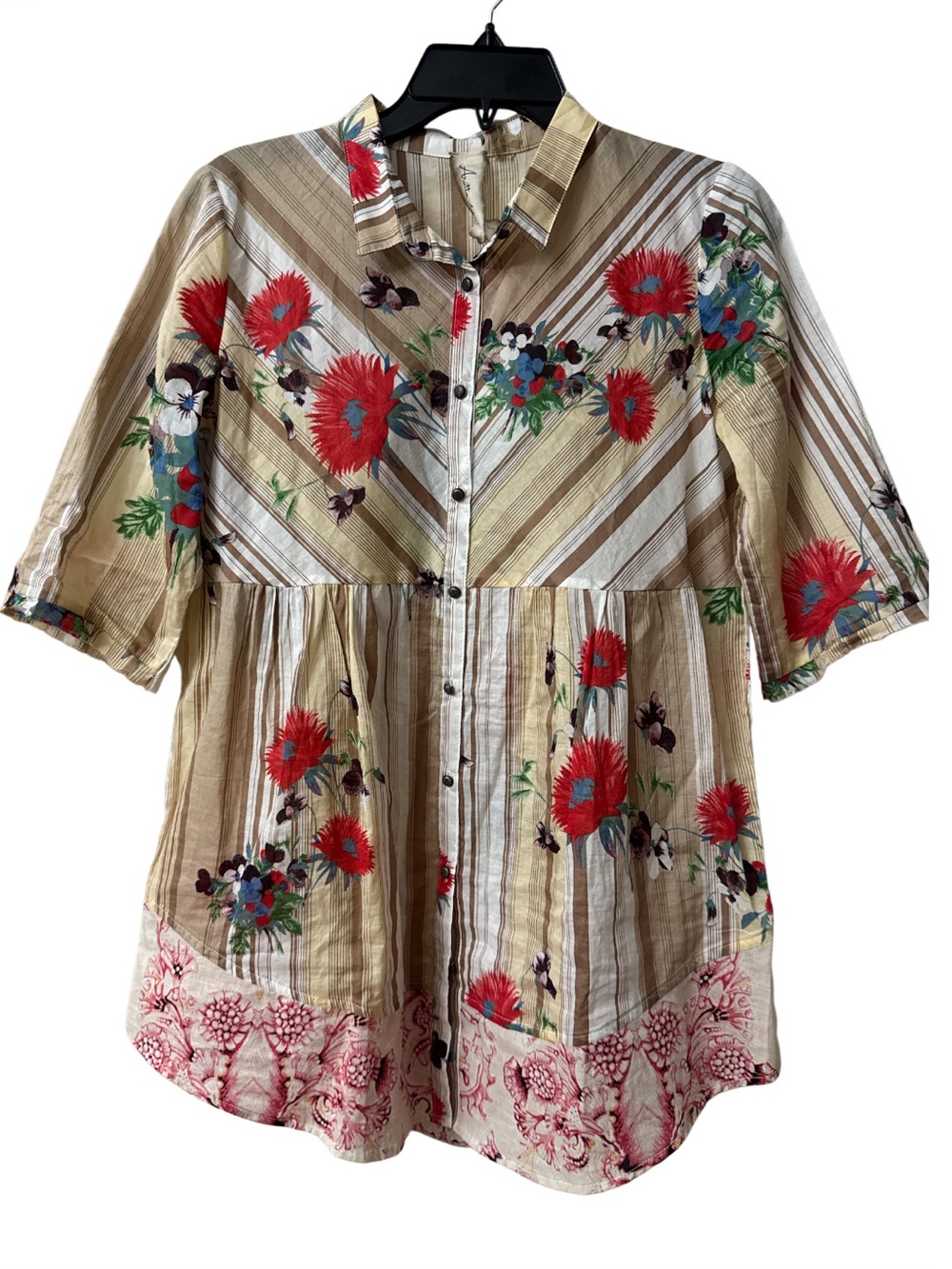 Aratta Poppy Button Down Tunic with Red Floral Print